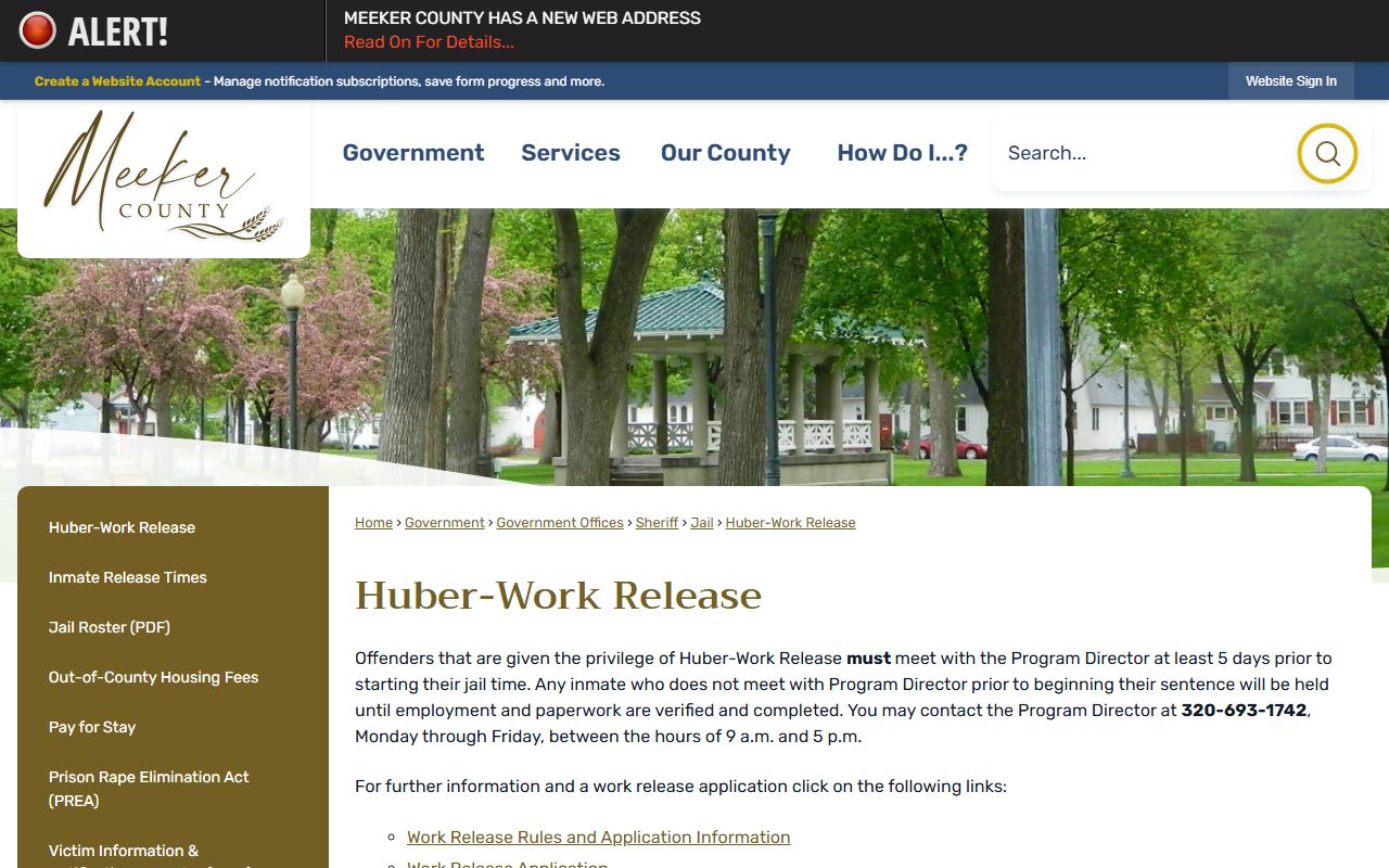 Meeker County Jail Huber work release inmate program page